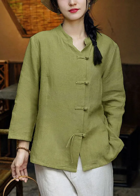 Fresh And Natural Women Green Stand Collar Button Linen Coats Long Sleeve