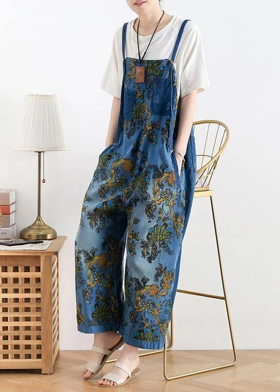 Playful Style Spring original literary fashion retro ethnic style blue printed loose denim overalls