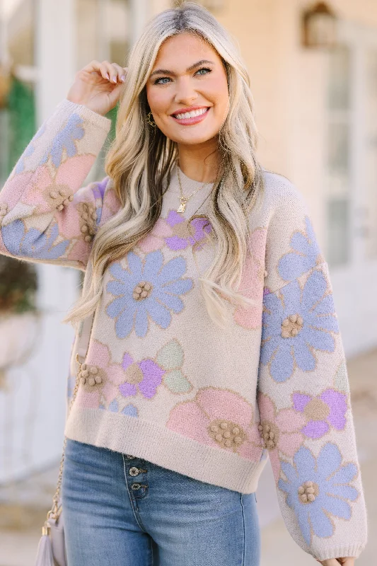 Simple Solid Color Easy To Love Beige Brown Floral Sweater