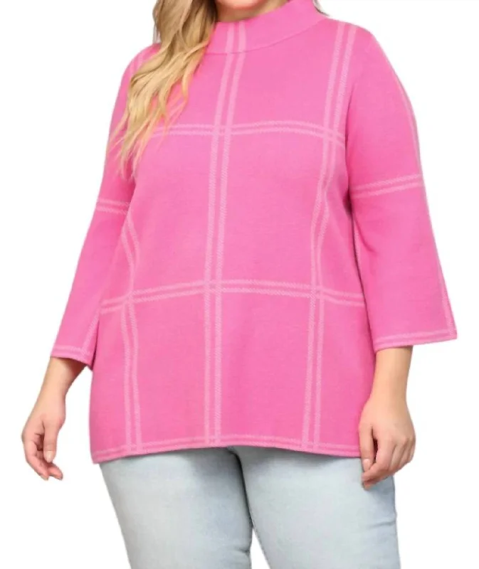 Sweet Style Checker Sweater - Plus In Hot Pink/grey