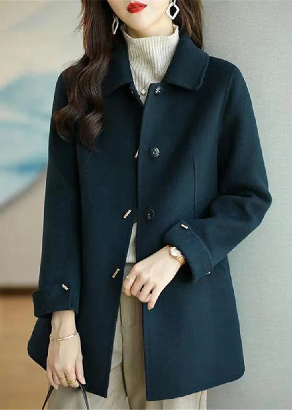 British Style Navy Pockets Patchwork Wool Coats Button Long Sleeve