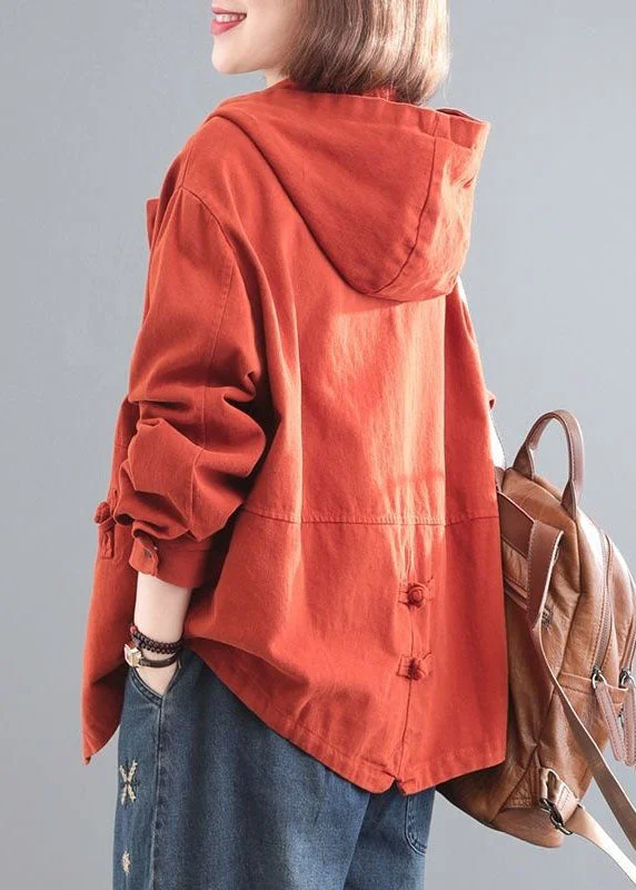 Youthful Casual Orange Hooded Chinese Button Denim Coat Long Sleeve