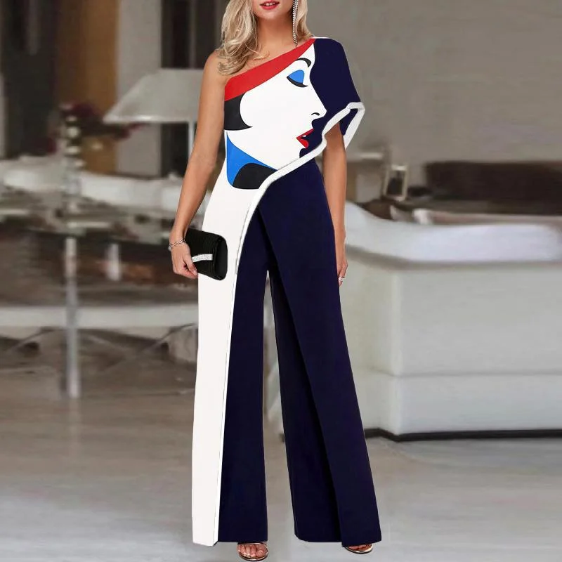 Personalized Clothing Women Abstract Face One Shoulder Jumpsuits