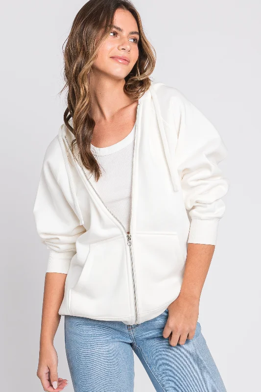 Street Cool Ivory Front Zipper Hooded Sweater