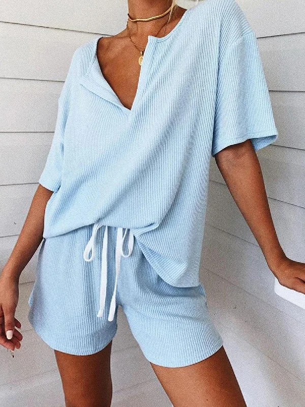 Simple Style Casual Loose V-neck Short Sleeve Suit