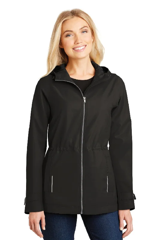 French Retro Port Authority Womens Northwest Slicker Waterproof Full Zip Hooded Jacket - Black