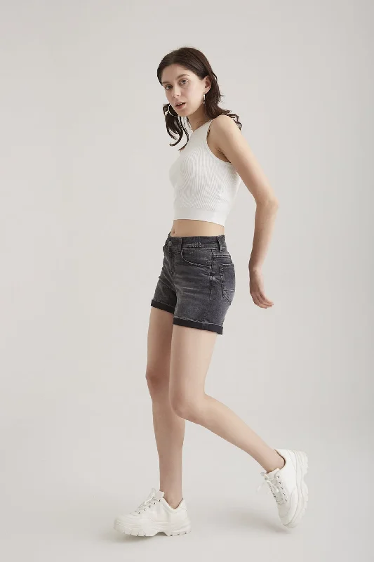 Versatile Items Emma Mid Waist 5 Pocket Denim Shorts Coal black