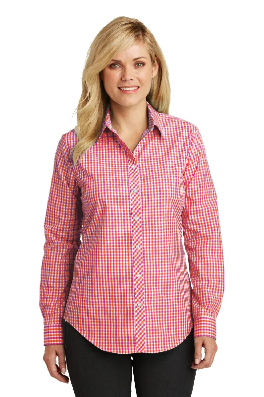 Autumn Selection Port Authority Womens Easy Care Wrinkle Resistant Long Sleeve Button Down Shirt - Tangerine Orange/Pink - Closeout