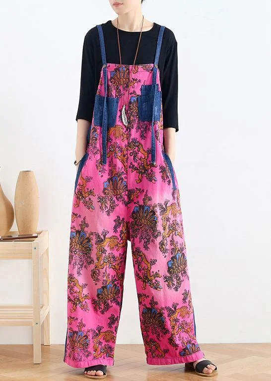 Elegant And Simple 2024 retro national style rose printed loose denim overalls