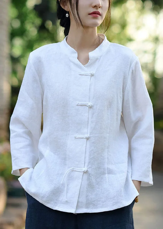 Feminine Charm White Solid Button Linen Coats Stand Collar Spring