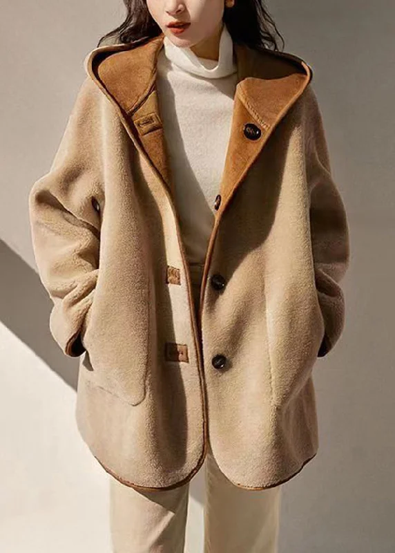 Elegant And Simple Loose Camel Hooded Pockets Patchwork Wear On Both Sides Woolen Coats Winter