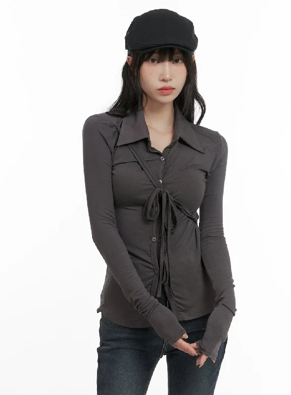 Fresh And Natural Long Sleeve Slim Tie Collar Top CG421