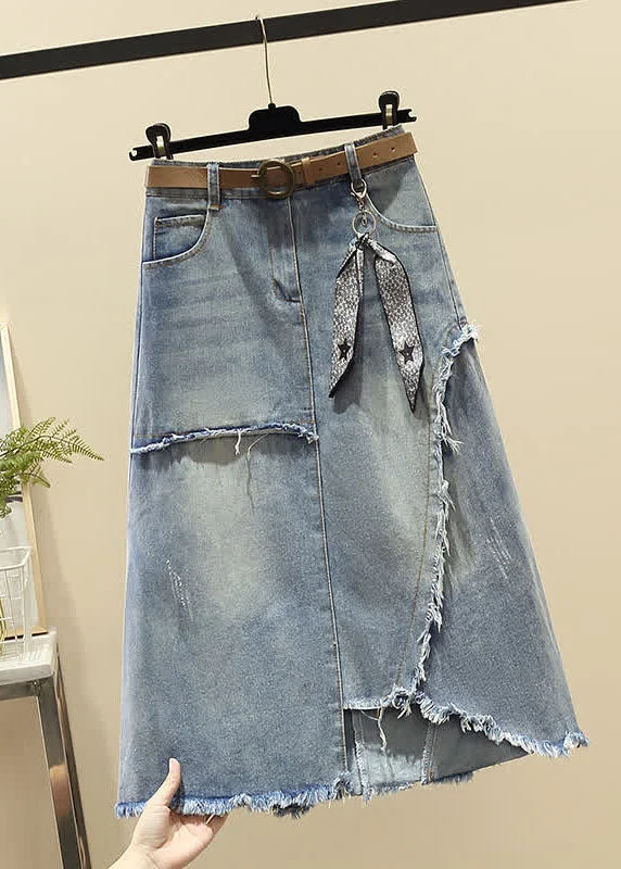 Loose Fit Modern Light Blue High Waist Asymmetrical Sashes Pendant Pockets Cotton Denim Skirt Summer