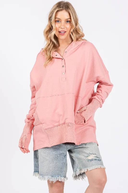 Feminine Charm Pink Button Front Ribbed Trim Hooded Sweatshirt