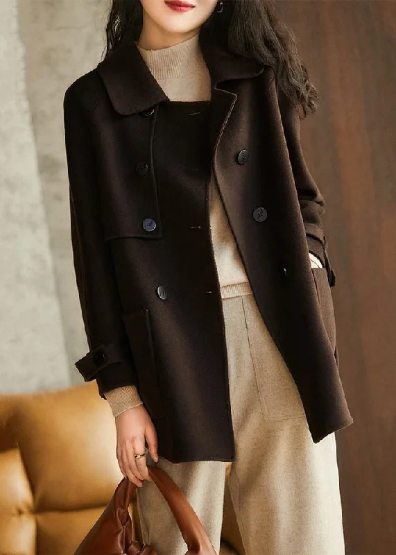 Stretch Design Italian Coffee Double Breast Pockets Patchwork Woolen Coat Fall