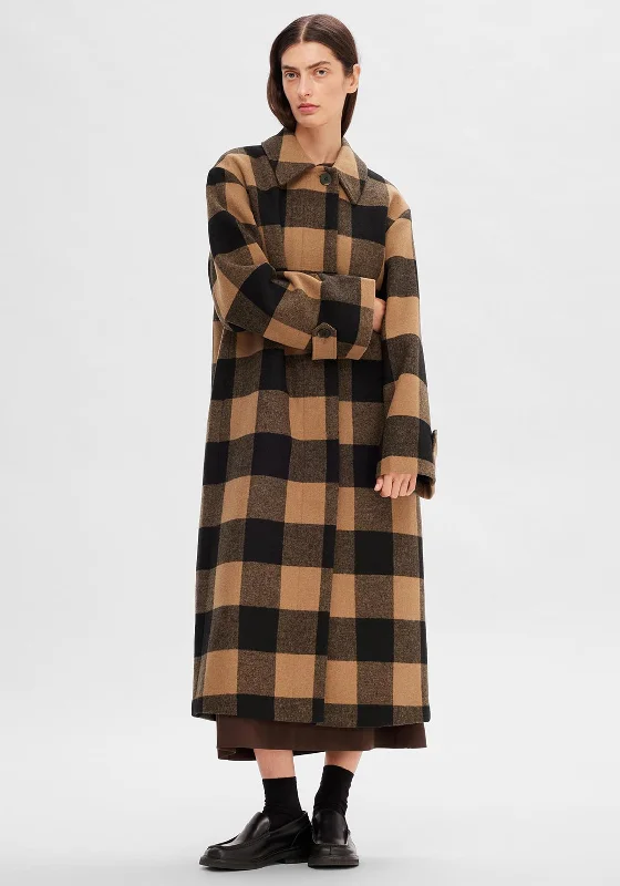 Simple Solid Color Selected Femme Evana Long Wool Check Coat, Toasted Coconut