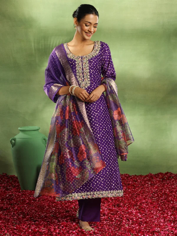 Fresh And Natural Purple Printed Silk Blend Straight Suit With Dupatta