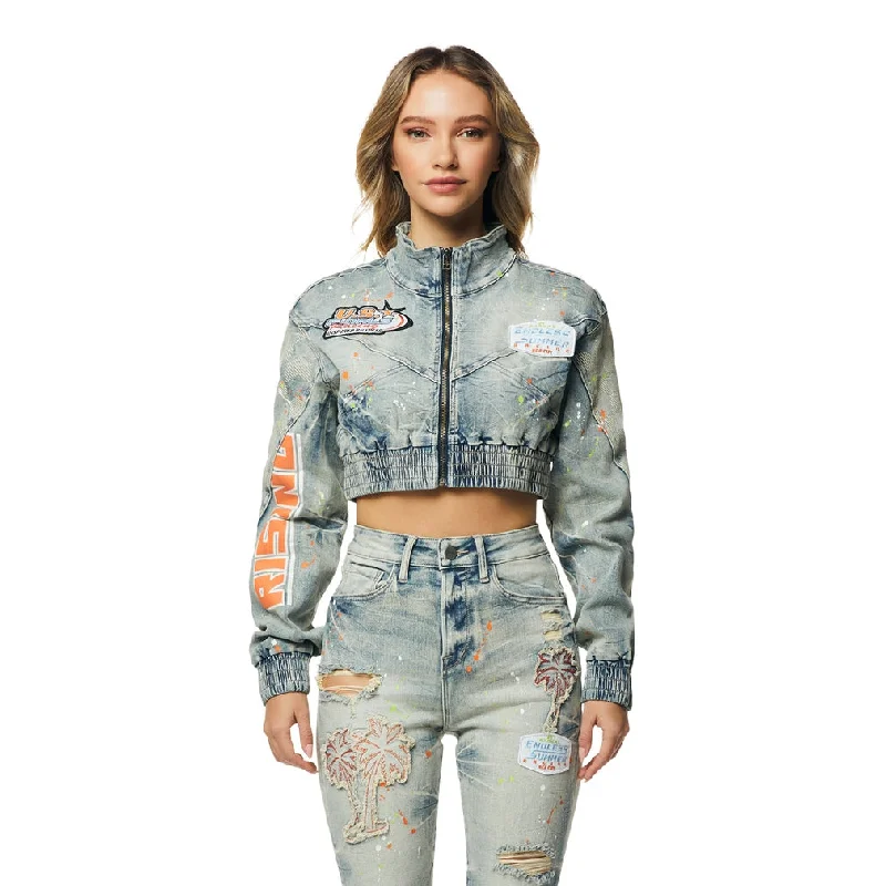 Lively And Youthful Cropped Racing Jean Jacket - Alpine Blue