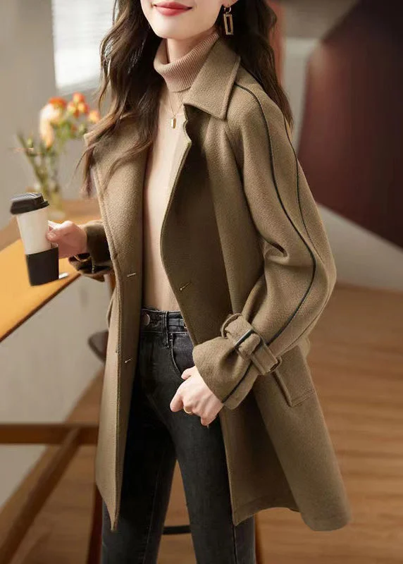 Sports Fashion New Coffee Button Tie Waist Patchwork Woolen Coats Fall