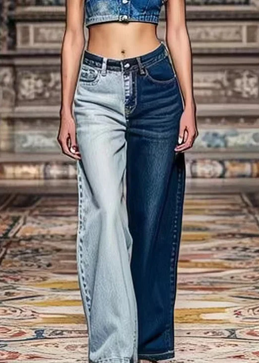 Slightly Flared Design Chic Colorblock Asymmetrical Pockets High Waist Denim Crop Pants Summer