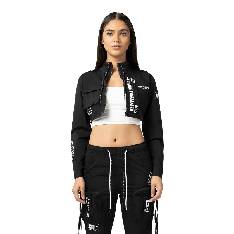 Comfortable And Casual Cropped Utility Full Zip Jacket - Black