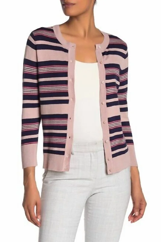 Slightly Flared Design Striped Crew Neck Knit Cardigan In Pink, Navy