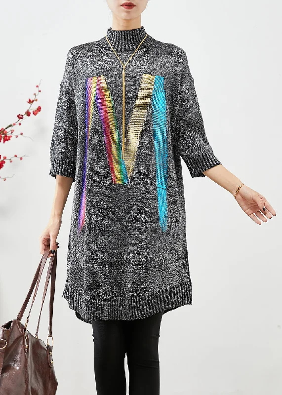 New Products Chic Grey Stand Collar Sequins Knit Sweater Dress Half Sleeve