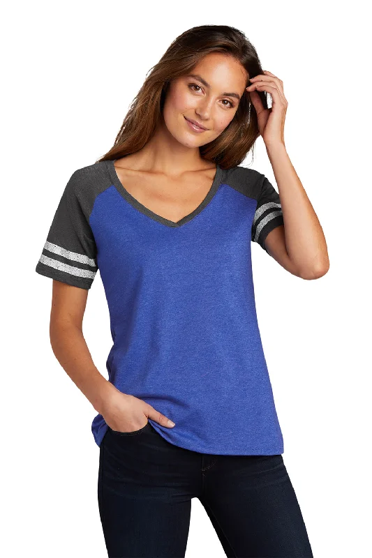 Classic And Versatile District Womens Game Short Sleeve V-Neck T-Shirt - Heather True Royal Blue/Heather Charcoal Grey