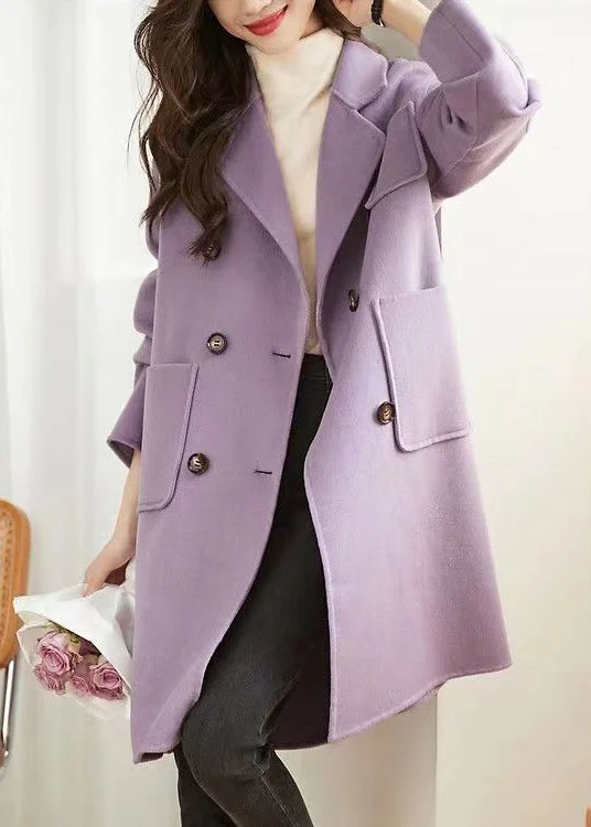 Luxury And Elegant Fashion Purple Double Breast Pockets Patchwork Woolen Coats Fall