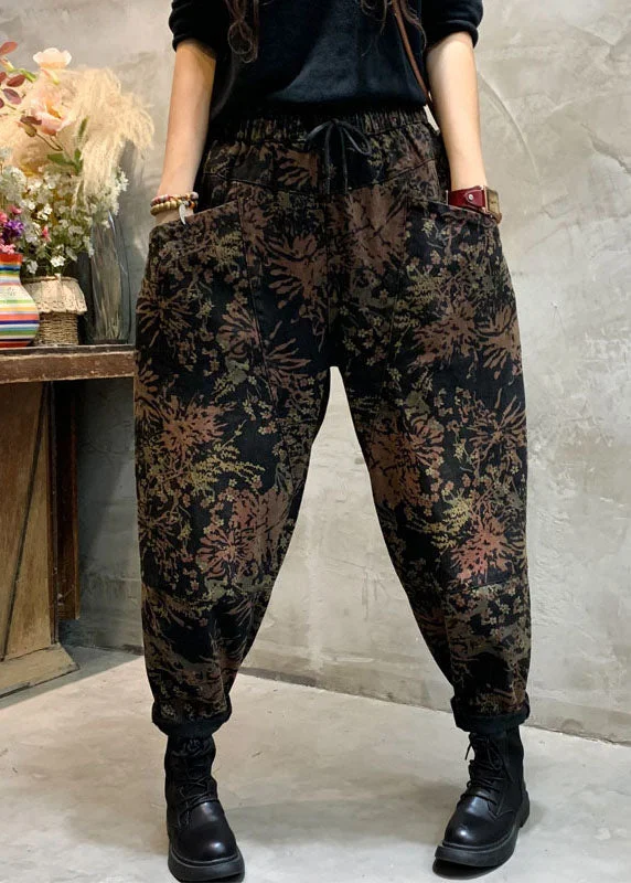 Romantic And Fresh Fitted Black Cinched fashion Print denim Pants Winter