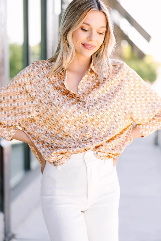 New Autumn And Winter Styles Looking Back Yellow Gold Geometric Print Blouse