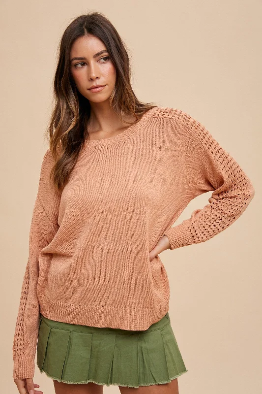 Street Cool Peach Crochet Detail Sleeve Knit Top