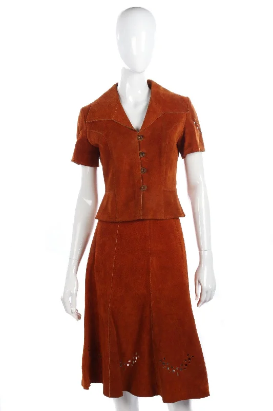 Elegant And Noble Amazing Vintage Suede Skirt and Top Rust Colour with Detailing. UK 10