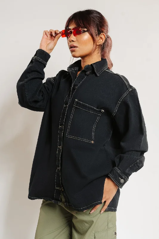 Denim Design Contrast Oversized Black Jacket