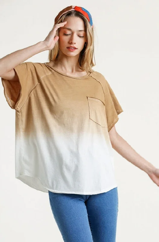 Youthful Street Fashion Dip Dye Raw Edged Top, Camel