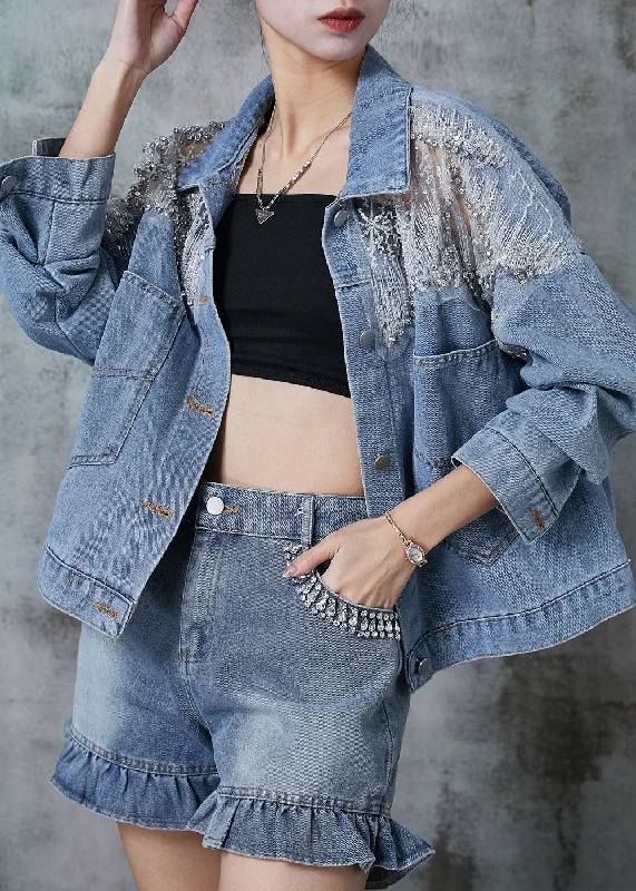 Playful Style Fashion Blue Hollow Out Pockets Denim Coats Spring