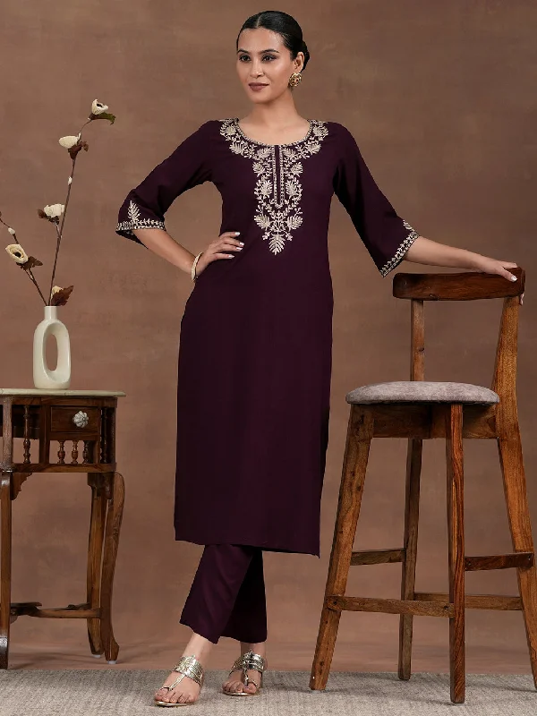 Simple Solid Color Wine Yoke Design Rayon Straight Kurta Set