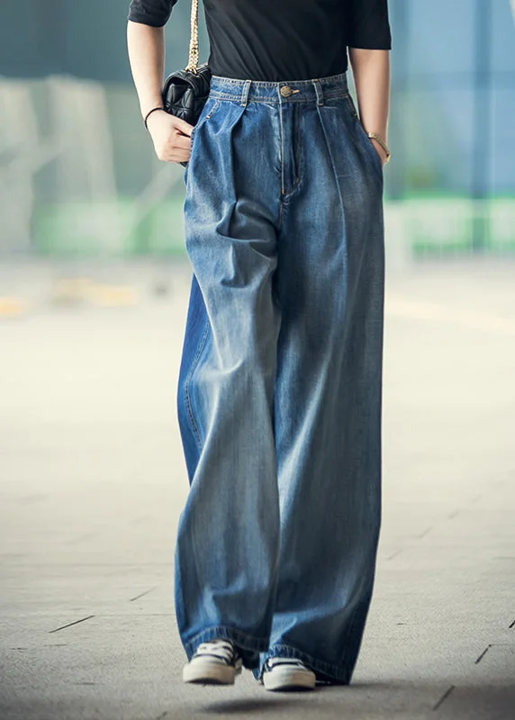 Elegant And Noble Elegant Denim Blue High Waist Pockets Button Cotton Loose Wide Leg Pants Spring