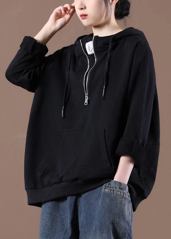 Elegant Temperament Women Hooded Autumn Simple Black Tops