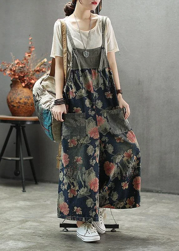 Lazy Home French Dark color Print Patchwork Pockets denim Outfits Rompers