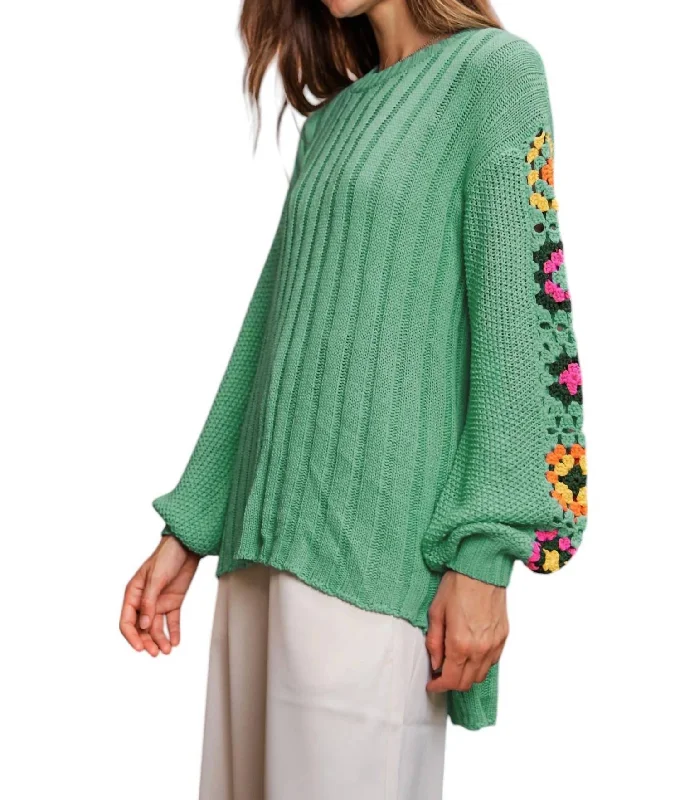 Trendy And Casual Sweater With Crochet Arms In Mint Green