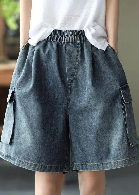 Lazy Style Loose Blue Elastic Waist Wide Leg Summer Denim hot Pants