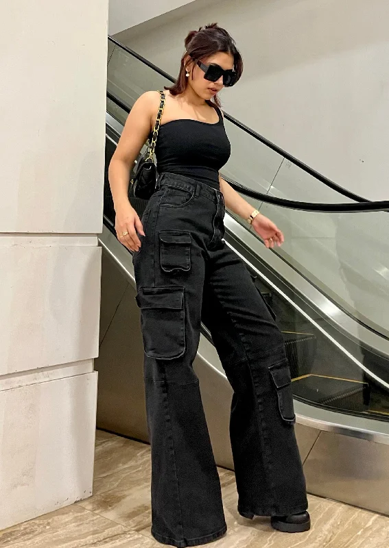 Dessert Matching So Black Pocket Details High Waist Cargo Jeans