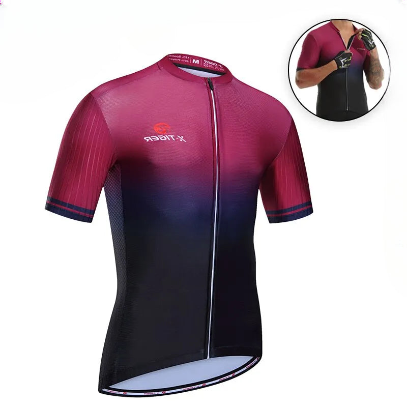 Warm And Comfortable X-TIGER Cycling Jersey Mens Bike Shirt Short Sleeve Gradient Color Series Breathable Reflective UPF50+ Mountain Bicycle Clothing