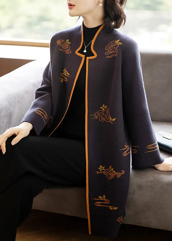 Fresh And Natural Bohemian Dark Purple Stand Collar Embroideried Patchwork Wool Coats Fall