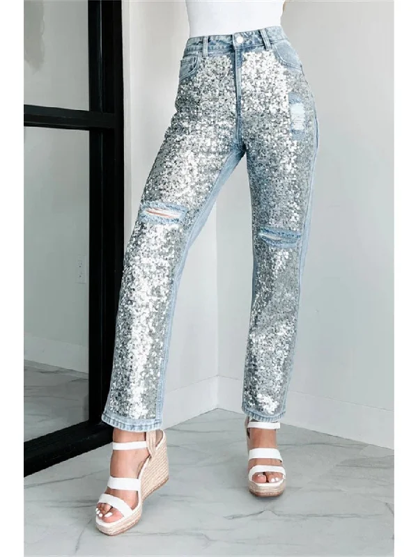 Classic And Versatile Ripped Denim Sequin Patchwork Jeans