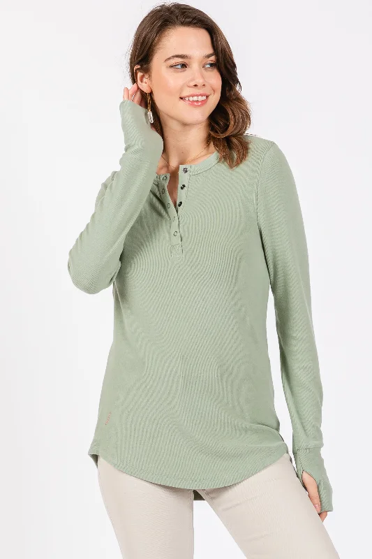 French Style Sage Button Front Soft Knit Long Sleeve Henley Top