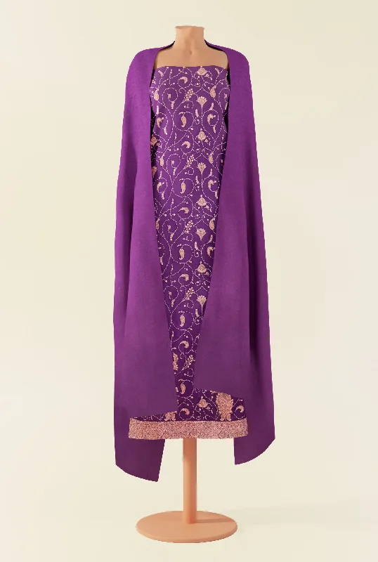 Urban Sense Pashtush Unstitched Kashmiri Embroidery Suit with shawl, Fine Wool, Soft and Warm, Mauve