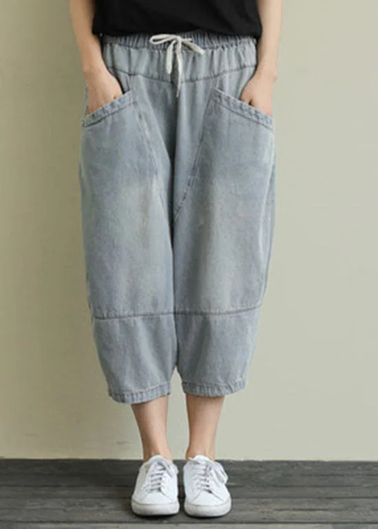 Celebrity Style French Light Blue pockets elastic waist Cotton denim Pants Spring