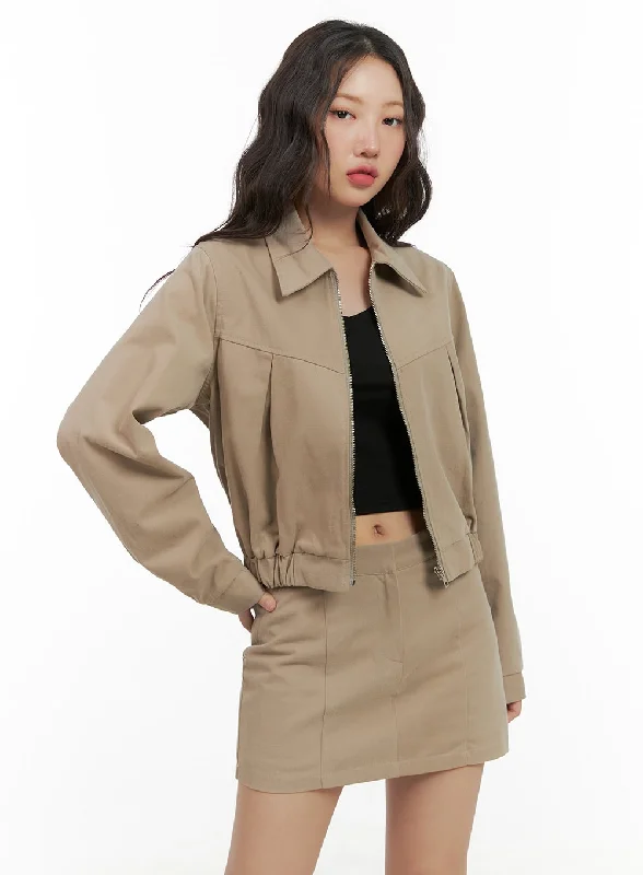 Lazy Style Solid Cotton Zip-Up Collar Jacket CG422